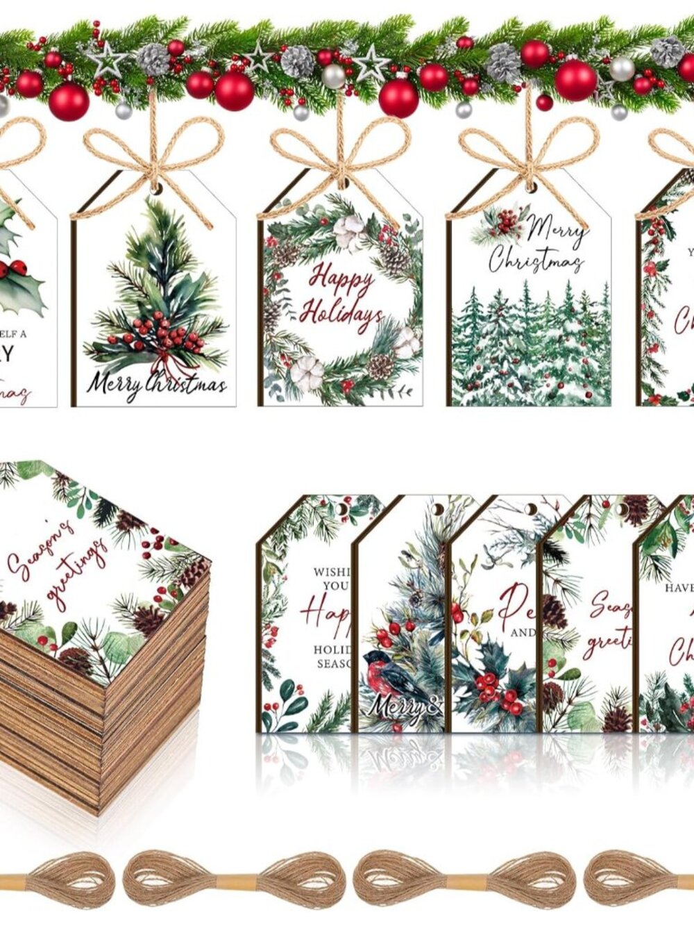 60 Pcs Neutral Christmas Ornaments Bulk Winter Holiday Wooden Tag